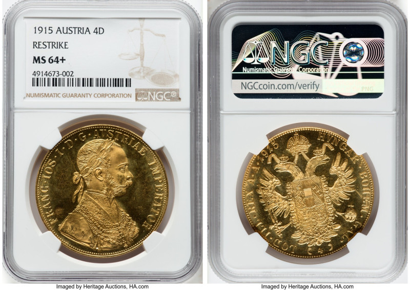 Franz Joseph I gold Restrike 4 Ducat 1915 MS64+ NGC, Vienna mint, KM2276,, Fr-48...