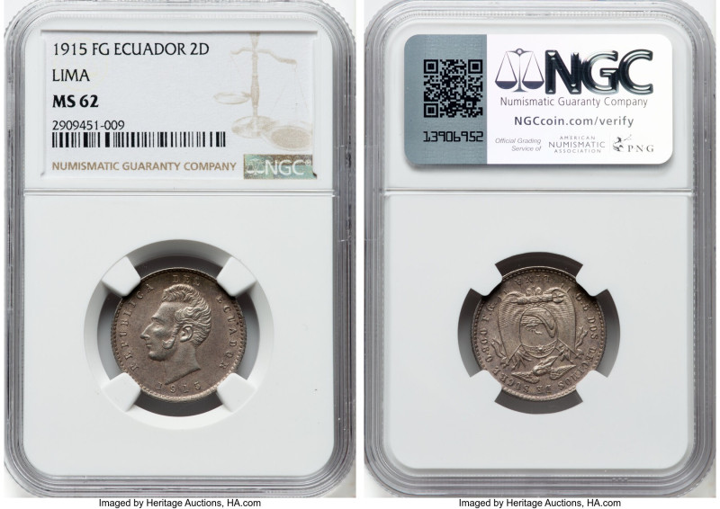 Republic 2 Decimos 1915-FG MS62 NGC, Lima mint, KM51.3. Small "R" below fasces o...