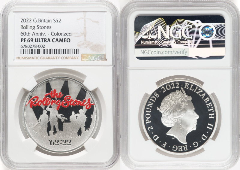 Elizabeth II silver Proof Colorized "Rolling Stones" 2 Pounds (1 oz) 2022 PR69 U...