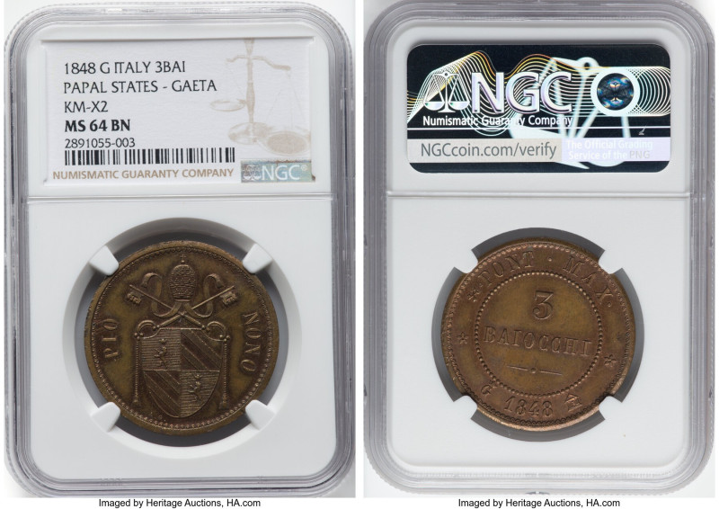 Papal States - Gaeta. Pius IX 3 Baiocchi 1848-G MS64 Brown NGC, Gaeta mint, KM-X...