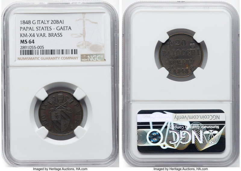 Papal States - Gaeta. Pius IX brass 20 Baiocchi 1848-G MS64 NGC, Gaeta mint, KM-...