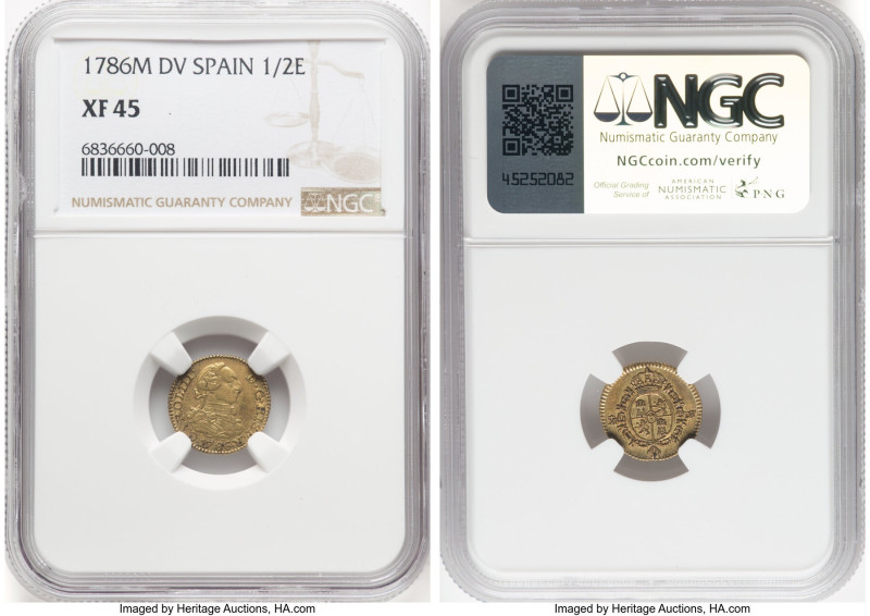 Charles III gold 1/2 Escudo 1786 M-DV XF45 NGC, Madrid mint, KM425.1, Cal-780. H...