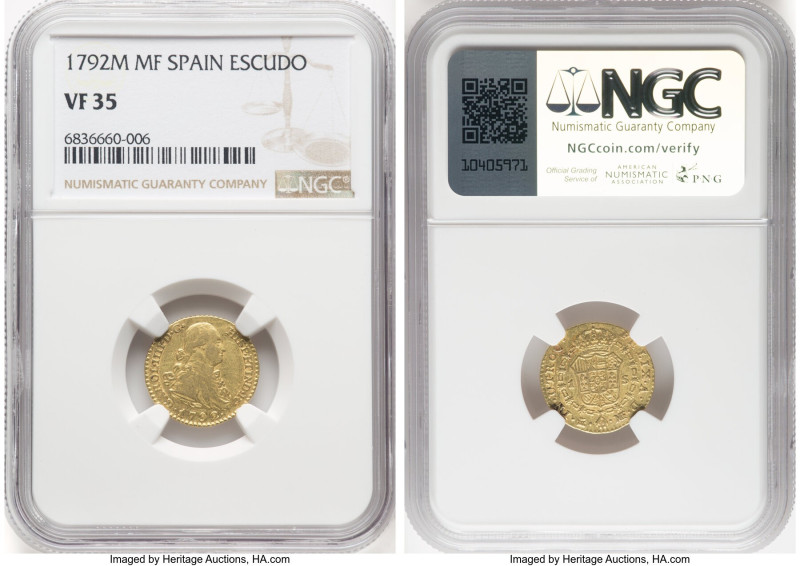 Charles IV gold Escudo 1792 M-MF VF35 NGC, Madrid mint, KM434, Cal-487. HID09801...