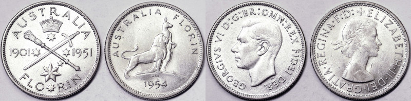 Kingdom, George VI (1936-1952), 1 Florin, Lot 2 pcs.: 1951. Elizabeth II (1952-2...