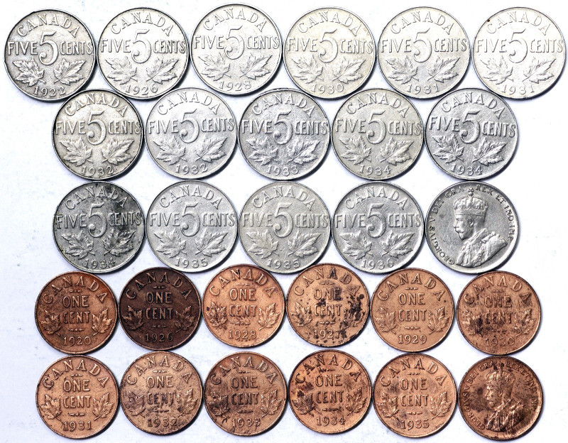 Canada, Lot, 28 pcs.: 5 Cents Ni and 1 Cents Ae. Various dates.,