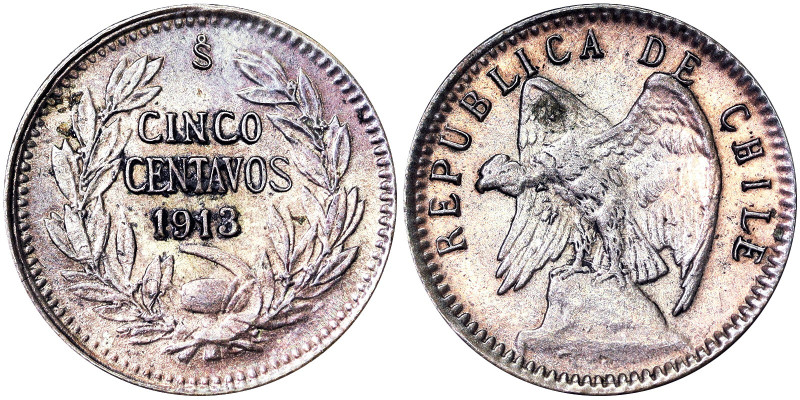 Republic (1817-date), 5 Centavos, 1913, Ag. 1,00 g , KM 155.2a, A.UNC