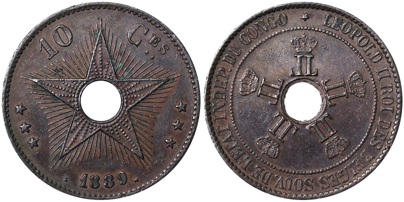 Belgian Congo, Leopold II (1865-1909), 10 Centimes, 1889, Cu. 20,00 g, KM 4, XF