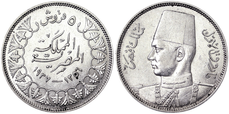 Kingdom, Farouk (1355-1372 AH) (1936-1952 AD), 5 Piastres, 1937, Ag. 7,00 g , KM...