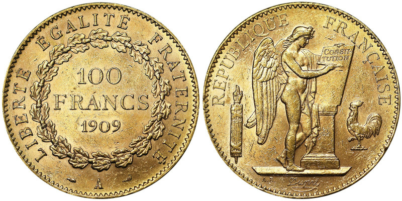 , Third Republic (1870-1940), 100 Francs, 1909, A Paris, Au. 32,25 g, Fr. 590, X...