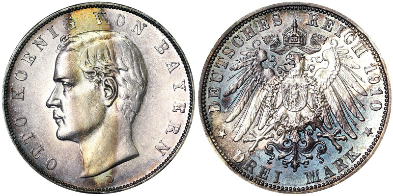 Bavaria, Otto (1886-1913), 3 Mark, 1910, D Munich, Ag. 16,67 g , Jaeger 49, XF+