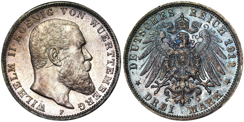 Württemberg, Wilhelm II (1888-1918), 3 Mark, 1912, F Freudenstadt, Ag. 16,67 g ,...