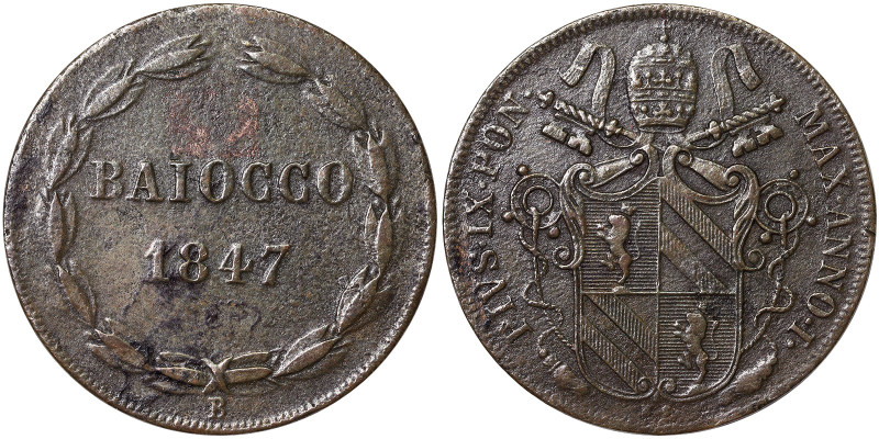 Bologna, Pio IX (1846-1878), 1 Baiocco, 1847, Bologna, Year I. Cu. 10,00 g , Pag...