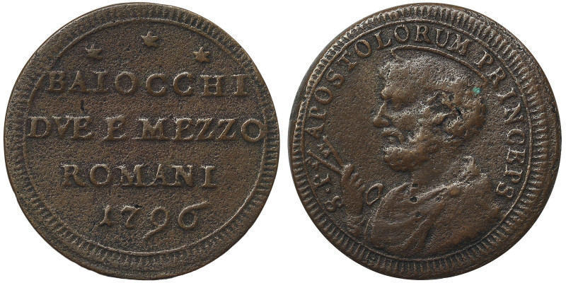 Rome (Papal State), Pio VI (1775-1799), 2-1/2 Baiocchi, 1796, Rome, Year XXII. C...