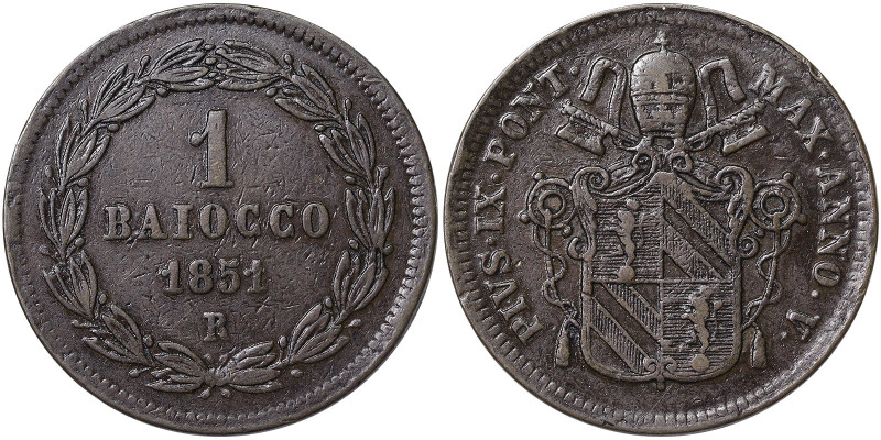 Rome (Papal State), Pio IX (1849-1866), 1 Baiocco, 1851, Rome, Year V. Cu. 10,00...