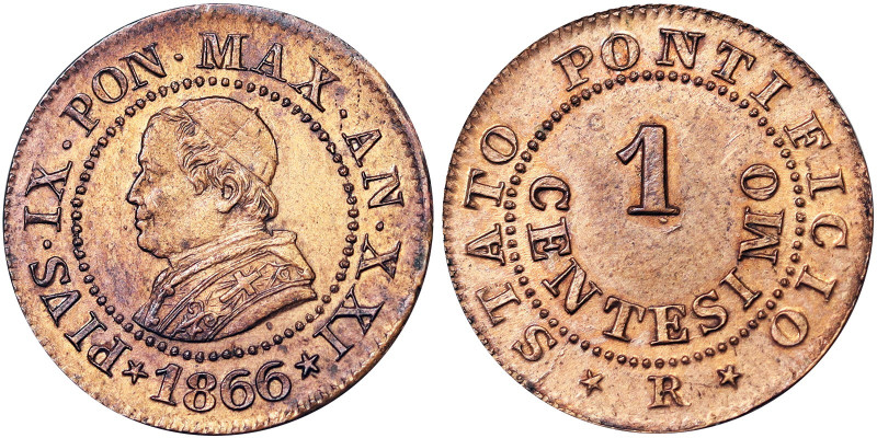 Rome (Papal State), Pio IX (1866-1870), 1 Centesimo, 1866, Rome, Year XXI. Red c...