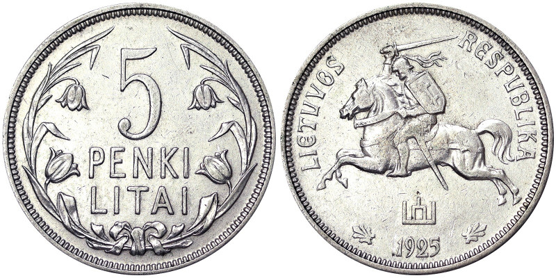 Republic (1918-date), 5 Litai, 1925, Ag. 13,50 g, KM 78, XF