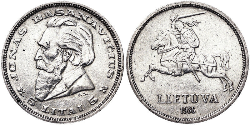 Republic (1918-date), 5 Litai, 1936, Ag. 9,00 g, KM 82, XF