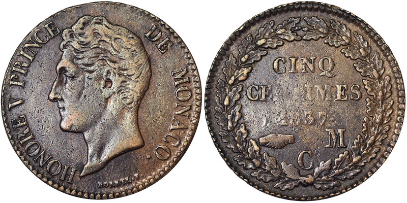 Principality, Honoré V (1819-1841), 5 Centimes, 1837, Monaco, Cu. 8,20 g, KM 95,...