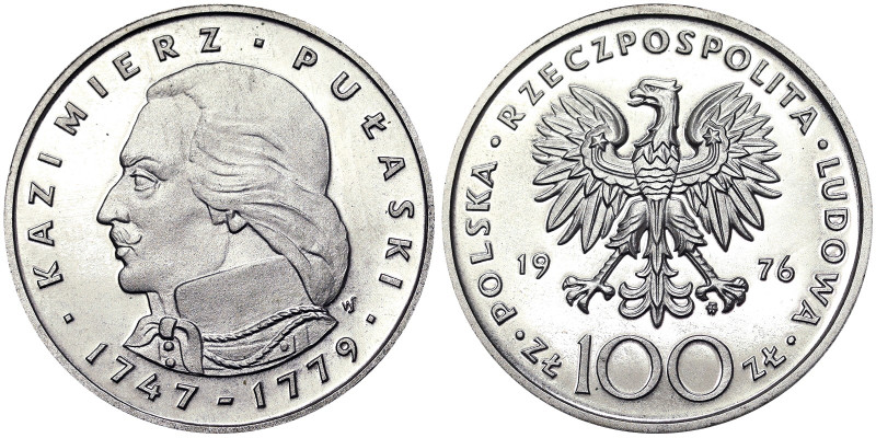 Republic (1945-date), 100 Zlotych, 1976, Kazimier Pulaski. Ag. 16,50 g, Y 84, PR...