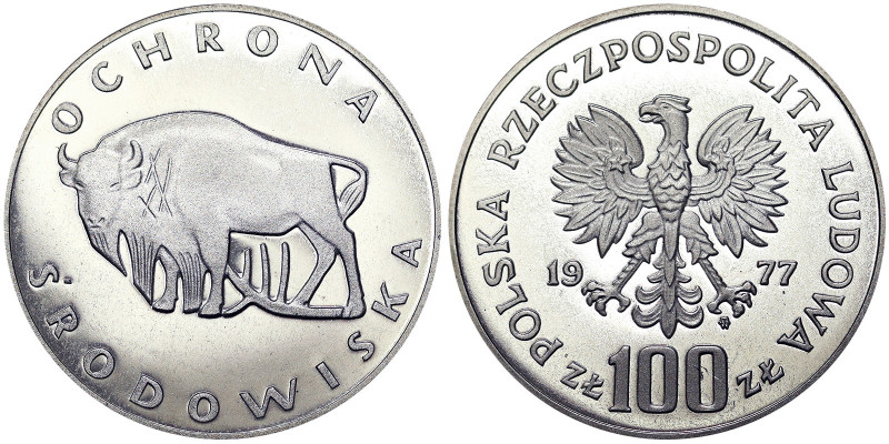 Republic (1945-date), 100 Zlotych, 1977, Environmental protection, Buffalo. Ag. ...