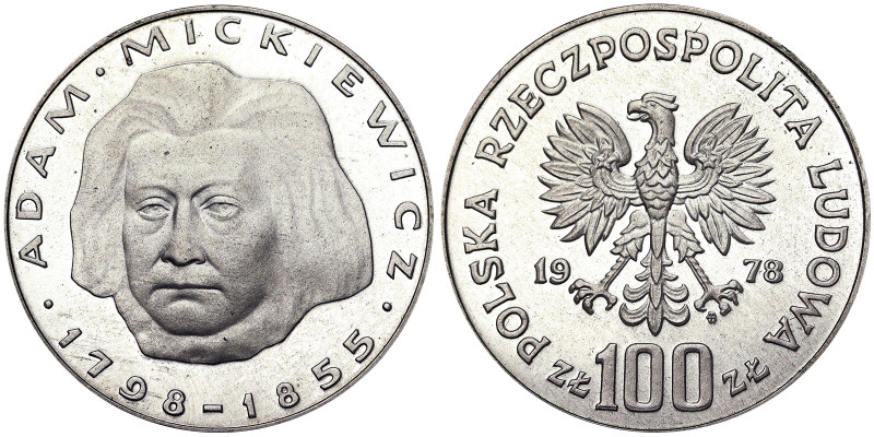 Republic (1945-date), 100 Zlotych, 1978, Adam Mickiewicz. Ag. 16,50 g, Y 92, PRO...