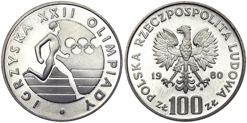 Republic (1945-date), 100 Zlotych, 1980, Olympic runner. Ag. 16,50 g, Y 109, PRO...