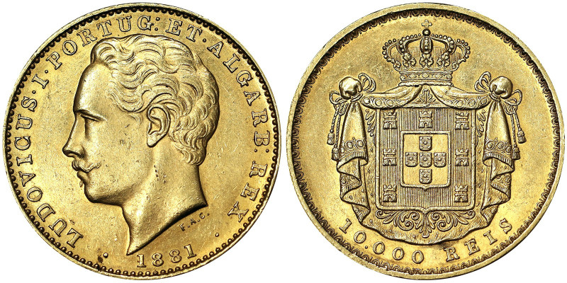 Portugal Kingdom, Ludwig I (1861-1889), 10.000 Reis, 1881, Au. 17,80 g, Fr. 152,...