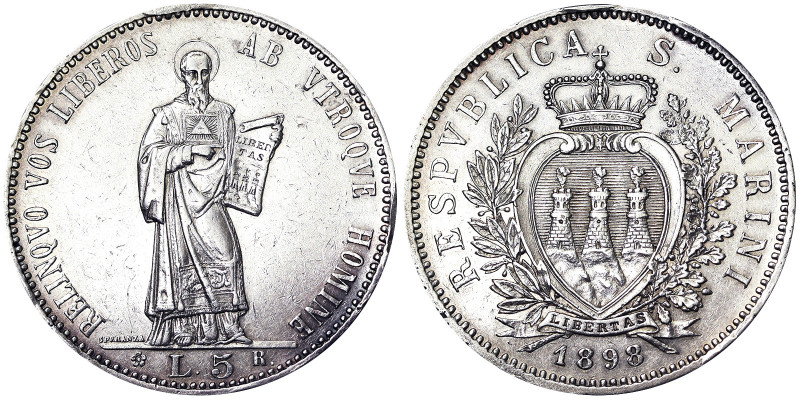 Republic First Coinage (1864-1906), 5 Lire, 1898, Rome, Ag. 25,00 g R, Pagani 35...