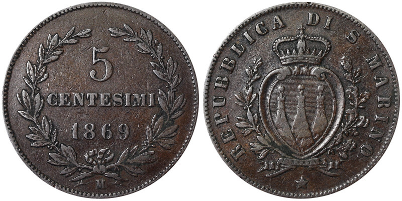 Republic First Coinage (1864-1906), 5 Centesimi, 1869, Milan, Cu. 5,00 g, Pagani...