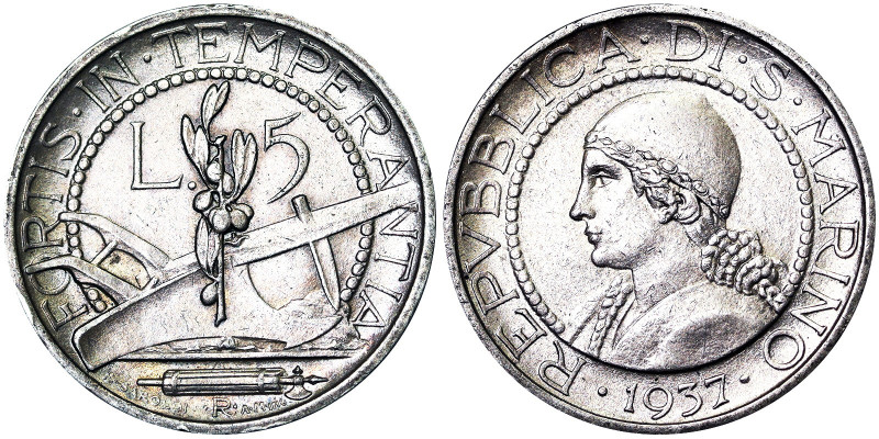 Republic Second Coinage (1931-1938), 5 Lire, 1937, Rome, Ag. 5,00 g, Pagani 363,...