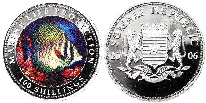 Republic (1960-date), 100 Shillings, 2006, Multicolor fish. Ag. 25,00 g, PROOF