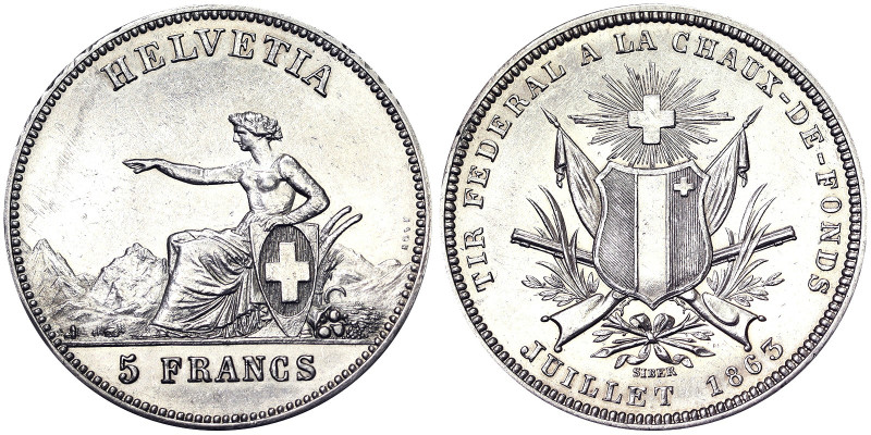 Swiss Confederation (1848-date), 5 Francs, 1863, Bern, Shooting festival in La C...