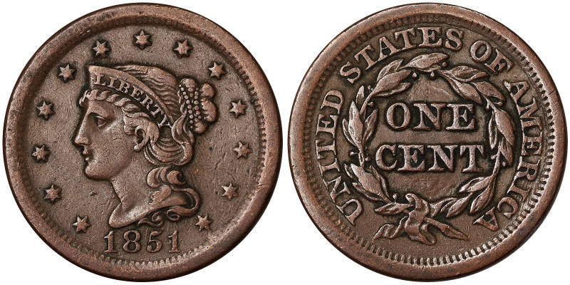 , 1 Cent (Liberty head 1816-1857), 1851, Cu. 10,89 g, KM 67, VF+