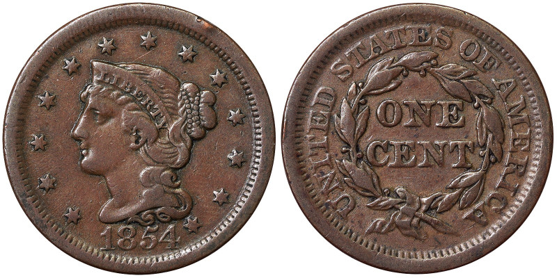 , 1 Cent (Liberty head 1816-1857), 1854, Cu. 10,89 g, KM 67, VF+