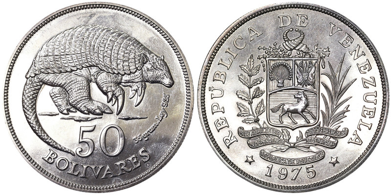 Republic (1823-2000), 50 Bolivares, 1975, Giant Armadillo. Ag. 35,00 g, Y 46, PR...