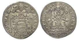 Ancona Testone 1555-1559

Ancona, Paolo IV (1555-1559), Testone s.d., Ag mm 30 g 9,19 BB+