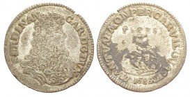 Mantova Lira 1689

Mantova, Ferdinando Carlo Gonzaga-Nevers, Lira 1689, RR Mi mm 28 g 3,59, q.BB
