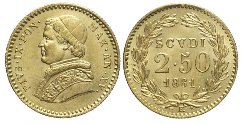 Roma 2,5 Scudi 1861 XV

Roma, Pio IX, 2,5 Scudi 1861 anno XV, Au mm 19 g 4,33,...