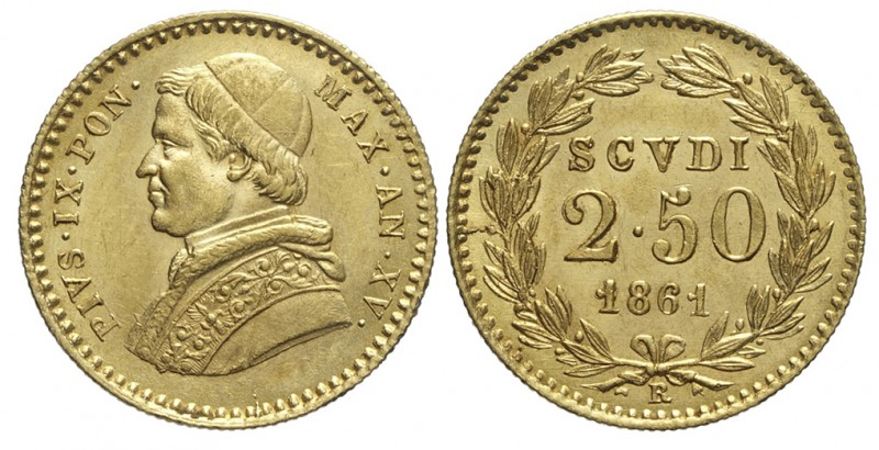 Roma 2,5 Scudi 1861 XV

Roma, Pio IX, 2,5 Scudi 1861 anno XV, Au mm 19 g 4,33,...