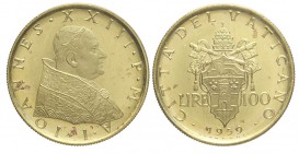 Roma 100 Lire 1959

Roma, Giovanni XXIII, 100 Lire 1959, RR Au mm 20,7 g 5,19, FDC