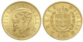 10 Lire 1863

Regno d'Italia, Vittorio Emanuele II, 10 Lire 1863, Au mm 18,5 g 3,22, q.FDC