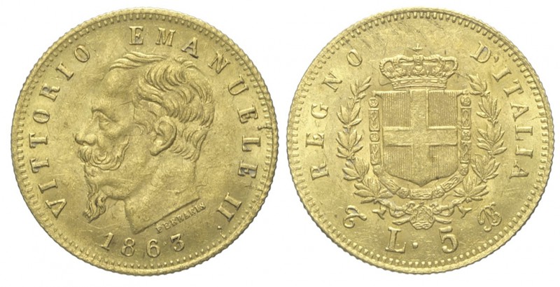 5 Lire 1863

Regno d'Italia, Vittorio Emanuele II, 5 Lire 1863, Rara, Au mm 17...