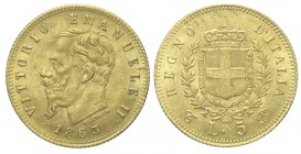 5 Lire 1863

Regno d'Italia, Vittorio Emanuele II, 5 Lire 1863, Rara, Au mm 17 g 1,61, SPL