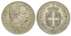 5 Lire 1878

Regno d'Italia, Umberto I, 5 Lire 1878, RR Ag mm 37 g 24,96 colpetto BB