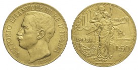 50 Lire 1911

Regno d'Italia, Vittorio Emanuele III, 50 Lire 1911, Rara Au mm 28 SPL-FDC