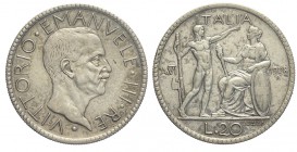 20 Lire 1928 Littore

Regno d'Italia, Vittorio Emanuele III, 20 Lire 1928 "Littore", Non comune, Ag mm 35,5 g 14,97, BB