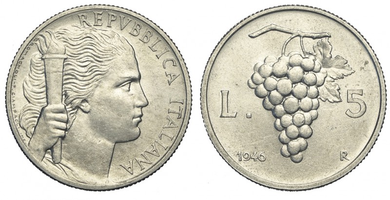 5 Lire 1946

Repubblica Italiana, Monetazione in Lire, 5 Lire 1946, RR, It mm ...