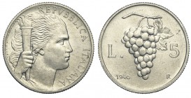 5 Lire 1946

Repubblica Italiana, Monetazione in Lire, 5 Lire 1946, RR, It mm 26,7 g 2,50 SPL-FDC