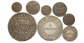 Lucca Lotto

Lucca, Lotto di 6 monete: Scudo 1744 da montatura BB, 5 Franchi 1807 BB, Franco 1807 BB, Quattrino 1691 BB, Bolognino 1790 (1835) SPL, ...
