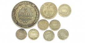 Milano Lotto

Milano, Monetazione Decimale, Lotto di 9 monete in argento, segnaliamo: 5 Lire Governo Provvisorio 1848 buon BB, 5 Soldi 1812 SPL-FDC